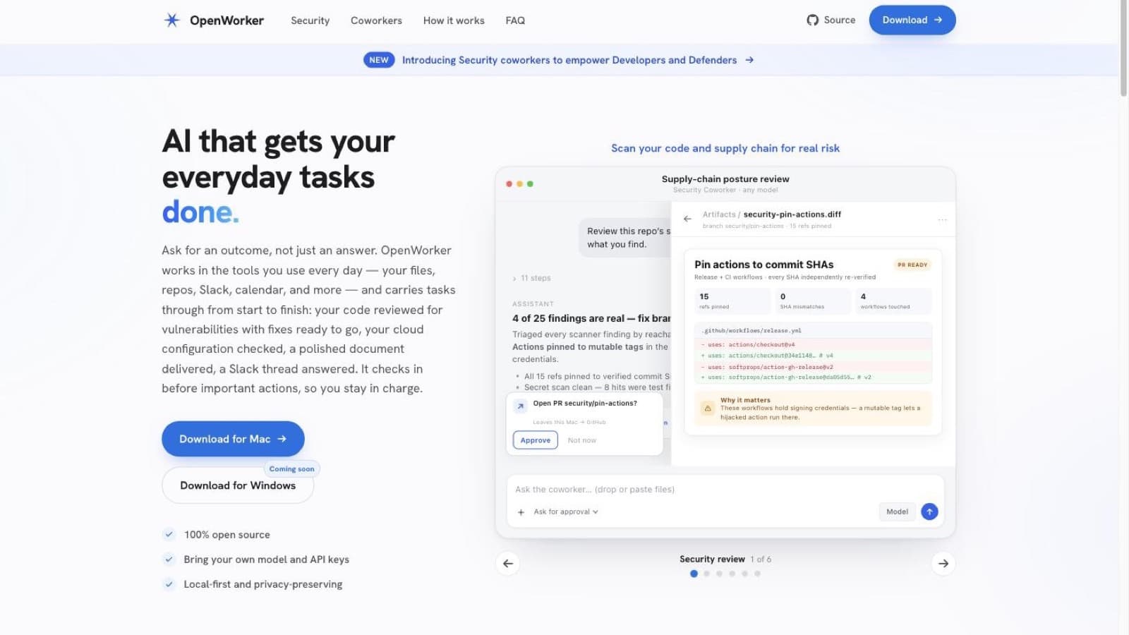 Screenshot of OpenWorker interface showcasing key features and user experience