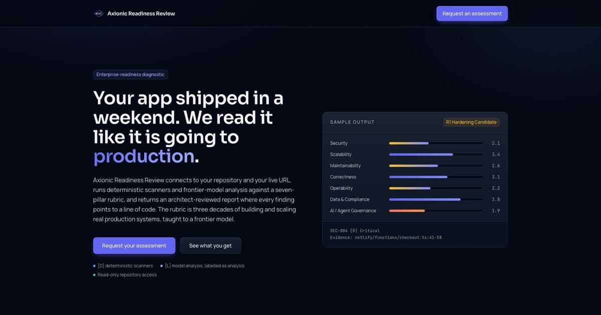 Axionic Readiness Review (2026): What a $3,000 Audit of a Vibe-Coded App Promises, and How to Win One