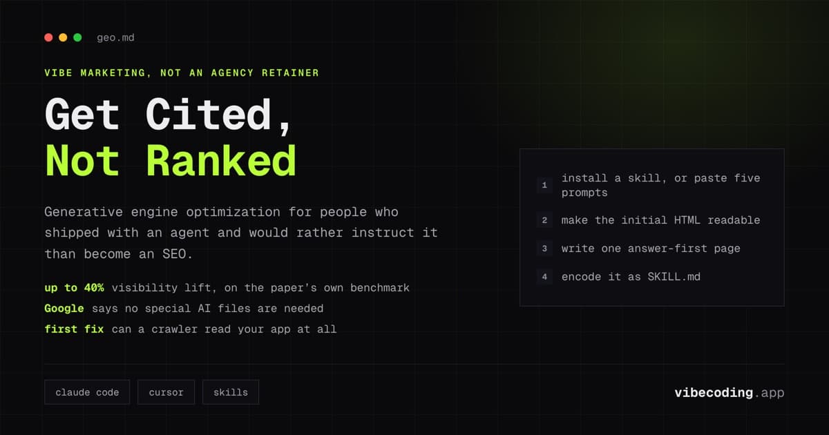 Generative Engine Optimization for Vibe Coders: Let the Agent Do the SEO