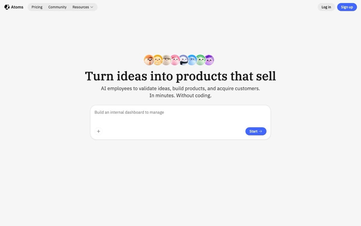 Atoms interface screenshot showing key features and workflow