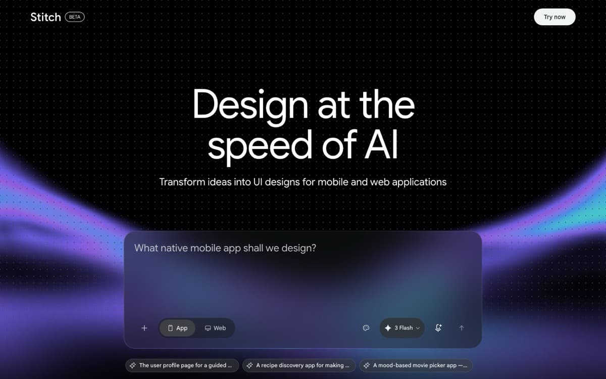 Google Stitch interface screenshot showing key features and workflow