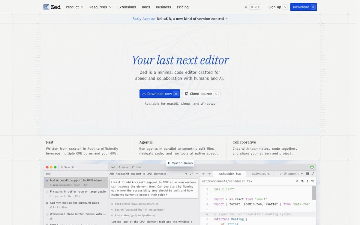 Zed interface screenshot showing key features and workflow