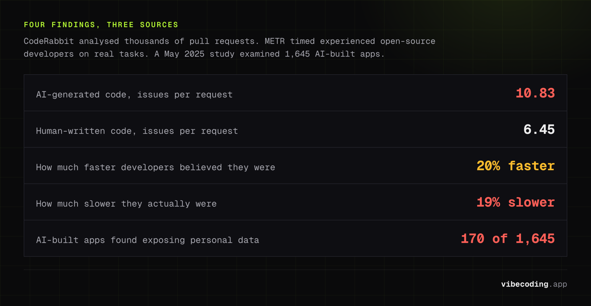 AI code measured: 10.83 issues per request against 6.45 for human code, developers 19% slower while believing they were 20% faster, 170 of 1,645 apps leaked