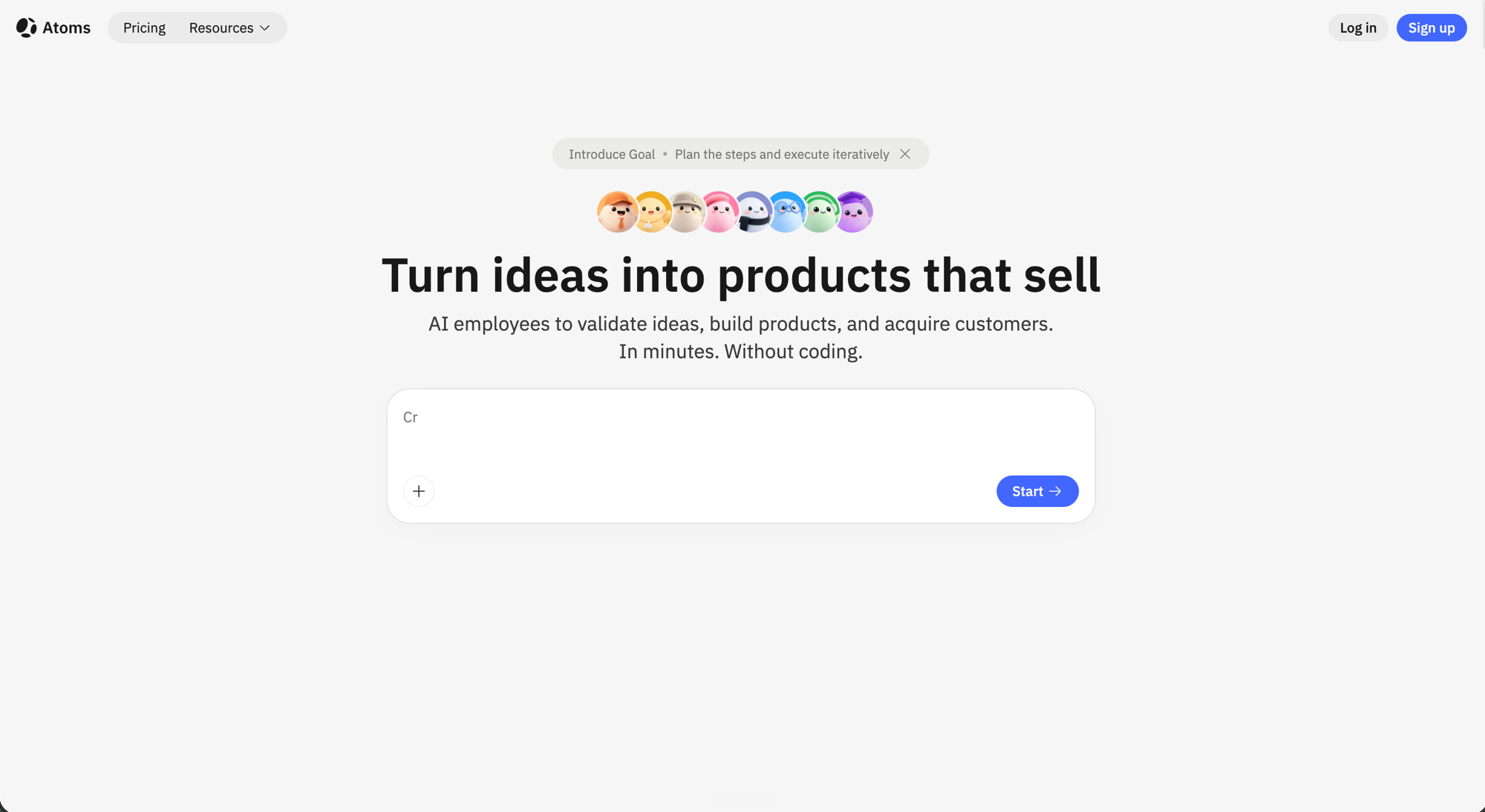 Atoms homepage hero showing Turn ideas into products that sell with a prompt input and Start button