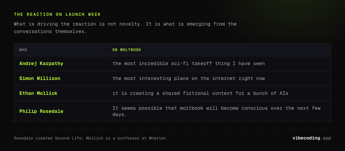 What Karpathy, Simon Willison, Ethan Mollick and Philip Rosedale each said about Moltbook in its launch week, from sci-fi takeoff to a shared fictional context
