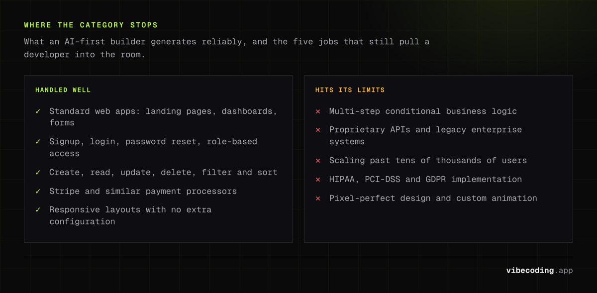 No-code AI builders handle standard web apps, auth, CRUD, Stripe and responsive layouts, and stop at complex logic, custom APIs, scale and compliance work